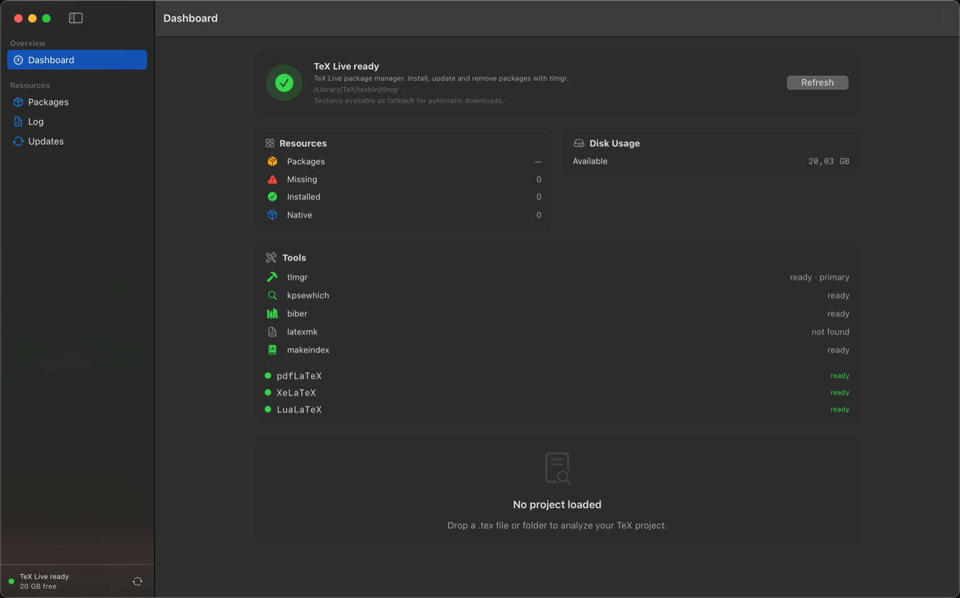 Knurl environment diagnostics dashboard showing TeX Live, engines, tools and disk usage