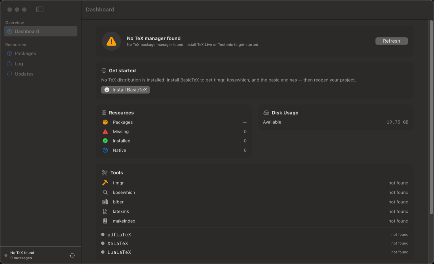 Knurl dashboard when no TeX distribution is installed, showing the Install BasicTeX call to action