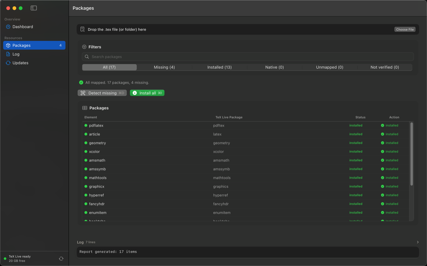 Knurl package analysis table showing installed and missing TeX Live packages
